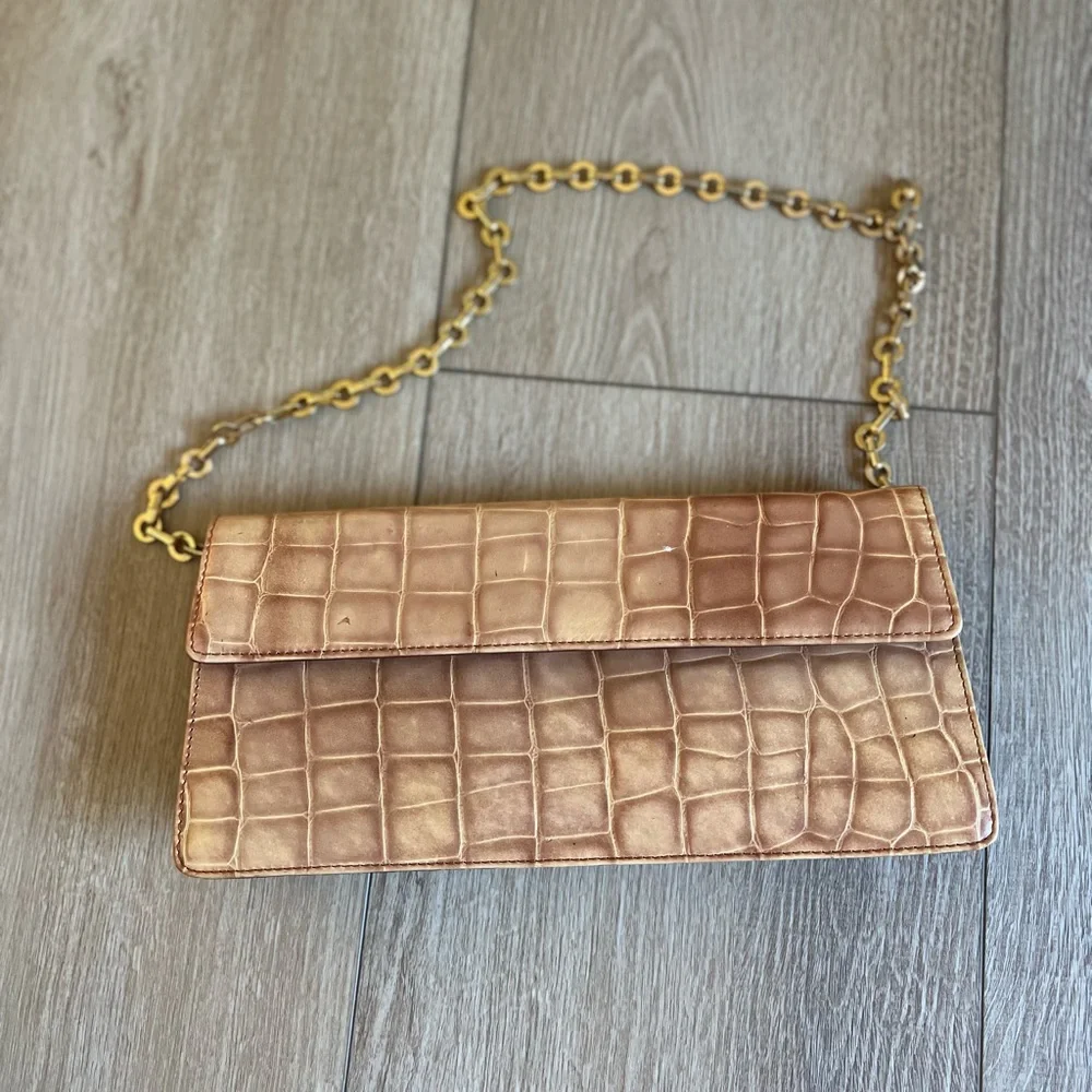Cynthia Rowley Tan Crocodile-Embossed Clutch with Gold Chain